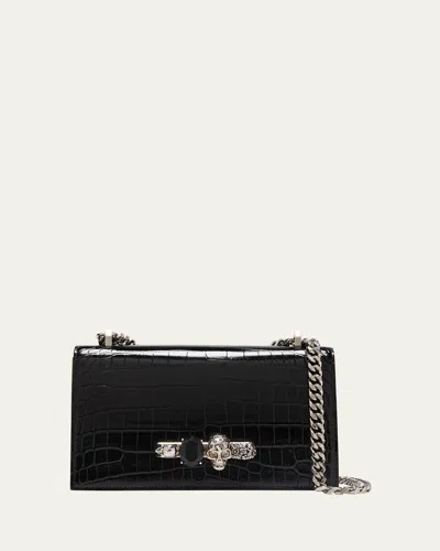 Alexander Mcqueen Shiny Croc-embossed Jeweled Shoulder Bag In Nero