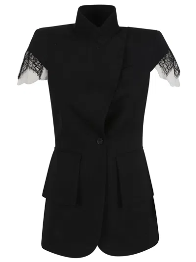 Alexander Mcqueen Asymmetrical Tailored Jacket With Lace Detailing In Black