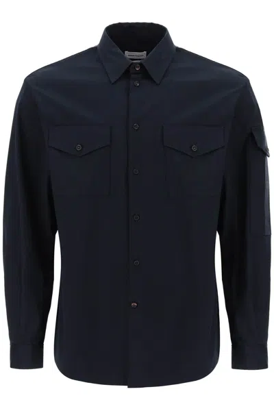 ALEXANDER MCQUEEN BLUE LONG-SLEEVED SHIRT WITH LOGO BAND ON THE SLEEVE