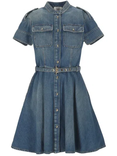 Alexander Mcqueen Button-down Cotton Dress With Flared Skirt And Utility Pockets In Blue