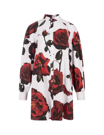 Alexander Mcqueen Short Shirt Dress With Tudor Rose Print In White