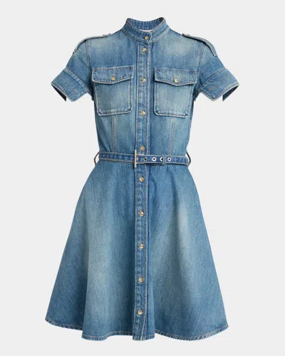 ALEXANDER MCQUEEN SHORT-SLEEVE BELTED DENIM MINI SHIRTDRESS