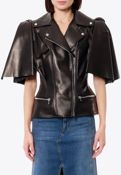 Alexander Mcqueen Short-sleeved Leather Jacket In Black