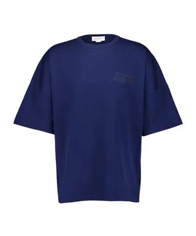 Alexander Mcqueen Solid Color Crew-neck T-shirt With Printed Logo In Blue