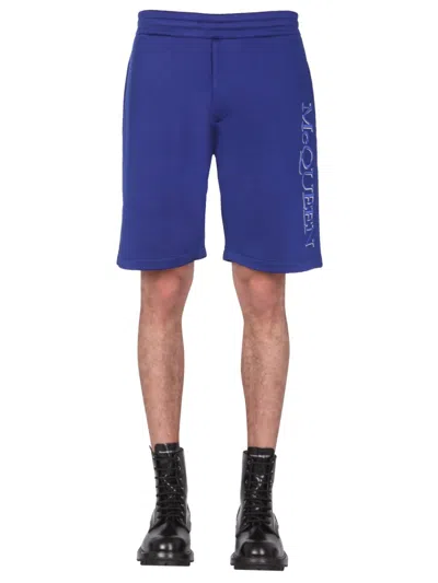 Alexander Mcqueen Men's Shorts With Embroidered Logo In Blue