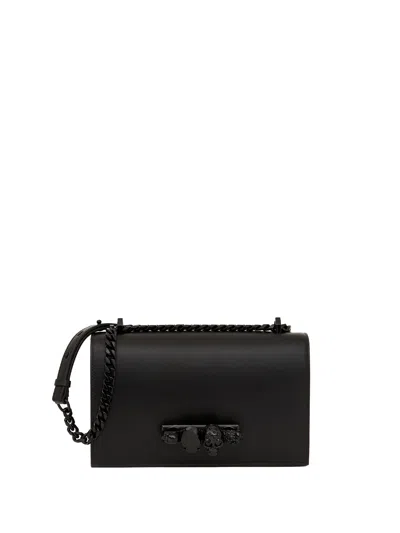 Alexander Mcqueen Crystal Skull Knuckle Leather Satchel In Black