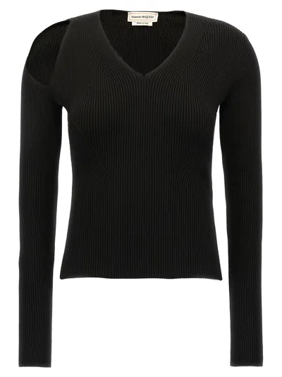 Alexander Mcqueen Shoulder Cut-out Ribbed Wool Sweater In Black