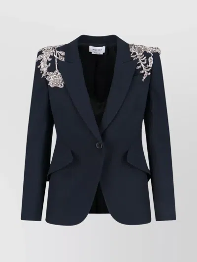 Alexander Mcqueen Shoulder Embellished Structured Lapel Blazer In Blue