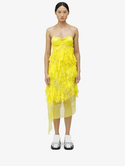 Alexander Mcqueen Shredded Embroidery Dress In Yellow