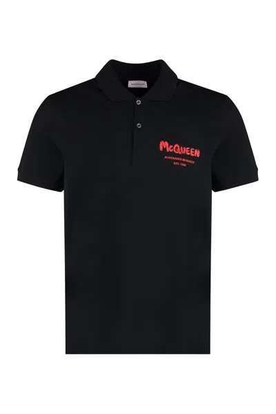 Alexander Mcqueen Side Slit Pique Polo Shirt In Black