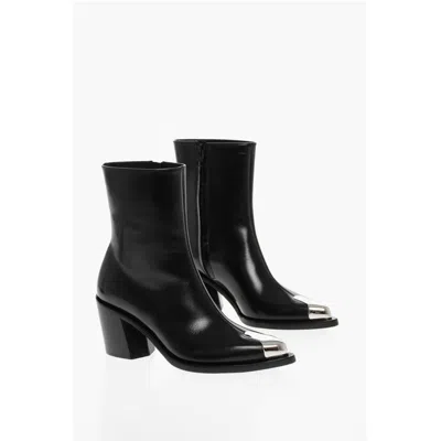 Alexander Mcqueen Side Zip Leather Booties With Point Metal Toe 7cm