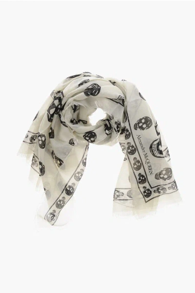 Alexander Mcqueen Silk Blend Skull Foulard With Fringed Hems In White