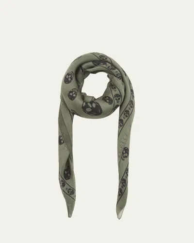 Alexander Mcqueen Silk Chiffon Skull Scarf In Kaki Black