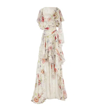 Alexander Mcqueen Silk Floral Asymmetric Maxi Dress In White