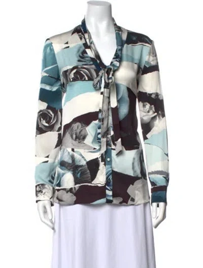 Pre-owned Alexander Mcqueen Silk Floral Print Blouse In Blue