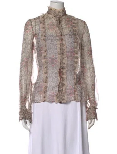Pre-owned Alexander Mcqueen Silk Floral Print Blouse In Neutrals