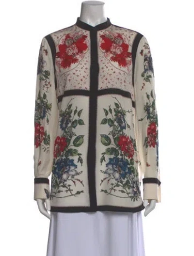 Pre-owned Alexander Mcqueen Silk Floral Print Blouse In White