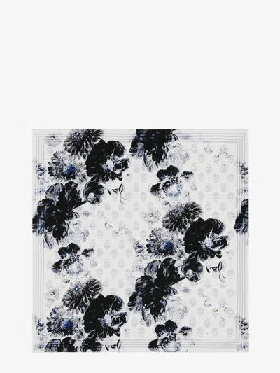Alexander Mcqueen Silk Foulard With Chiaroscuro Floral Motif In White