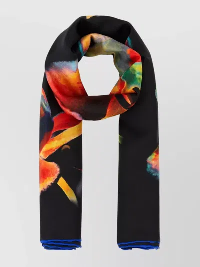 Alexander Mcqueen Silk Foulard With Floral Print And Fringed Edges In Multi
