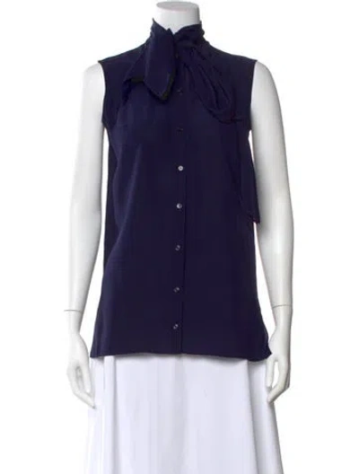 Pre-owned Alexander Mcqueen Silk Mock Neck Button-up Top W/ Tags In Blue