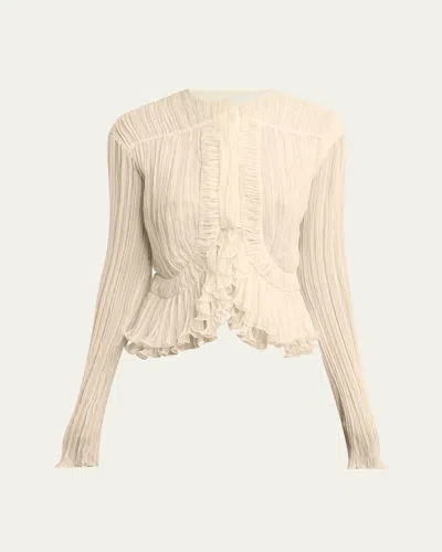 Alexander Mcqueen Silk Plisse Ruffle Crop Blouse In White