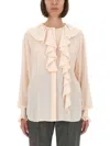 Alexander Mcqueen Silk Ruffle Shirt With Flattering Silhouette In Pink