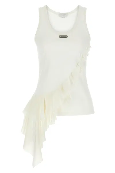 Alexander Mcqueen Silk Ruffle Tank Top In White