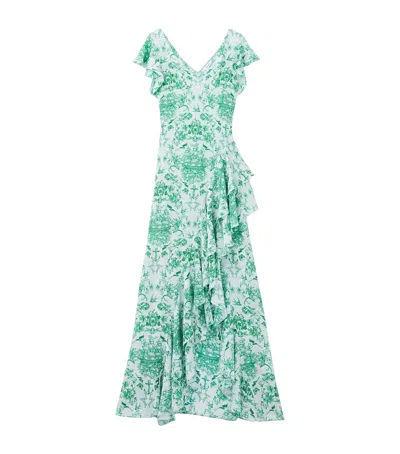Alexander Mcqueen Silk Sailor-tattoo Ruffle Maxi Dress In Blue