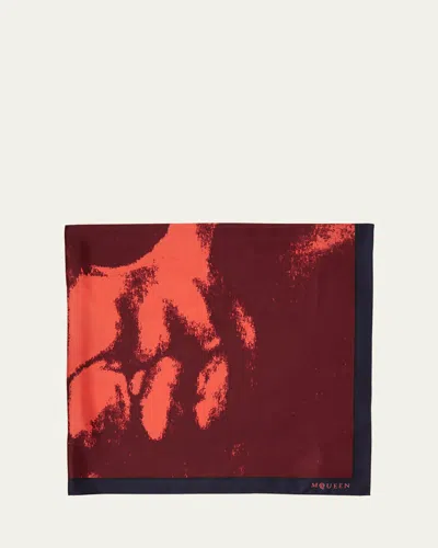 Alexander Mcqueen Silk Shawl W/ Exploded Skull In Coral Burgundy