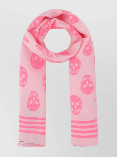 Alexander Mcqueen Silk Skull Print Scarf With Striped Border In Pink