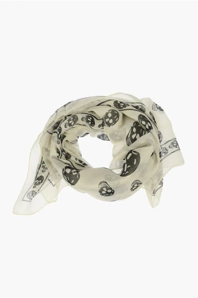Alexander Mcqueen Silk Skulls Printed Foulard In Neutral