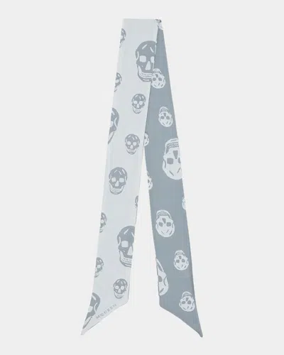 Alexander Mcqueen Silk Twill Ribbon Skull Scarf In Ice Blue/g