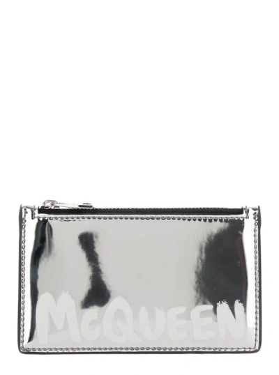 Alexander Mcqueen Silver Card-holder With Mcqueen Graffiti Logo In Laminated Leather