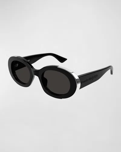 Alexander Mcqueen Silver Embellished Acetate Oval Sunglasses In Shiny Solid Black