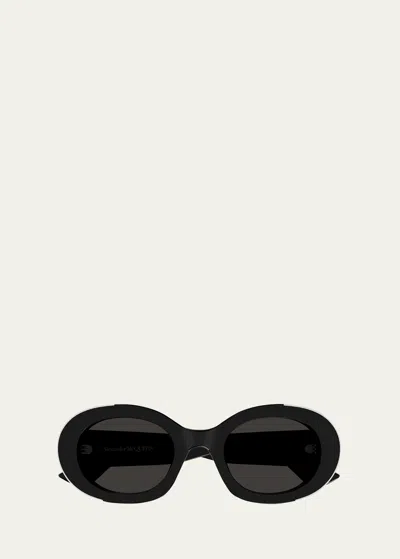 Alexander Mcqueen Silver Embellished Acetate Oval Sunglasses In Black