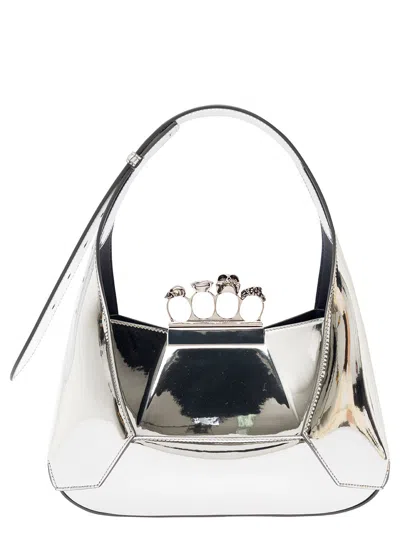 Alexander Mcqueen Silver Hobo Bag With Four Rings Detail In Metallic Fabric Woman