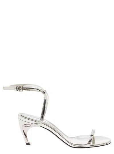 ALEXANDER MCQUEEN SILVER SANDALS WITH ARMADILLO HEEL IN METALLIC LEATHER WOMAN