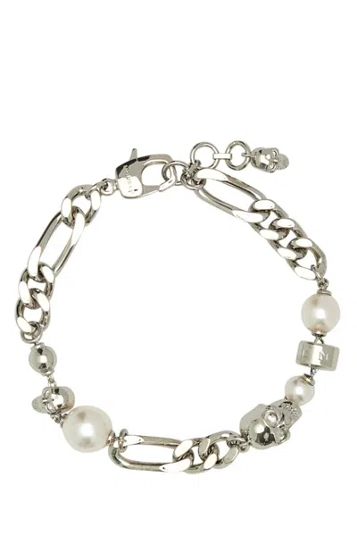 Alexander Mcqueen Silver Skull And Pearl Bracelet In Metallic