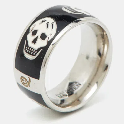 Pre-owned Alexander Mcqueen Silver Tone Black Enamel Skull Ring Size 55