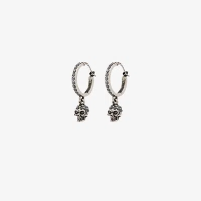 Alexander Mcqueen Silver Tone Mini Crystal Skull Hoop Earrings In Metallic