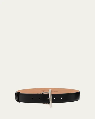 Alexander Mcqueen Silvertone Cross-bar Leather Wide Sling Belt In Black
