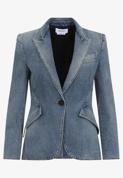 Alexander Mcqueen Single-breasted Denim Blazer In Blue
