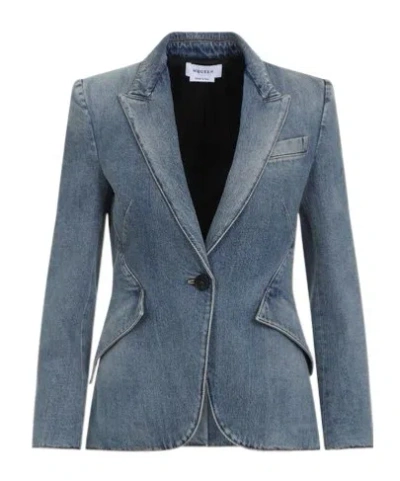 Alexander Mcqueen Single-breasted Denim Blazer In Blue