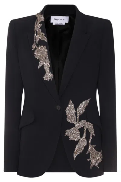 Alexander Mcqueen Embellished Padded-shoulders Blazer In Black