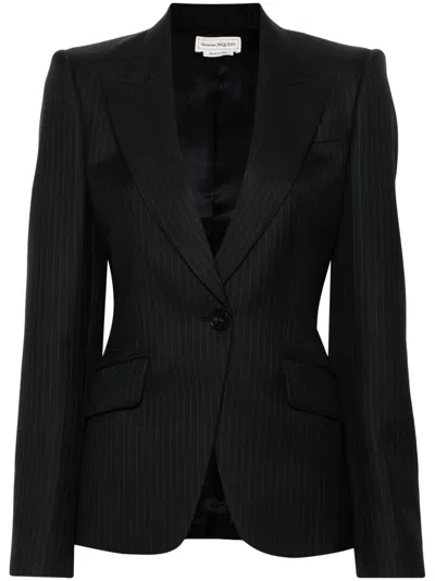 Alexander Mcqueen Single-breasted Pinstripe Blazer In Blue