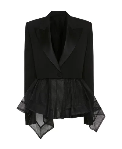 Alexander Mcqueen Single-breasted Tulle-inserts Blazer In Black