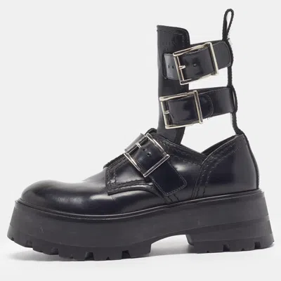 Pre-owned Alexander Mcqueen Size 35 Black Leather Rave Buckle Ankle Length Boots