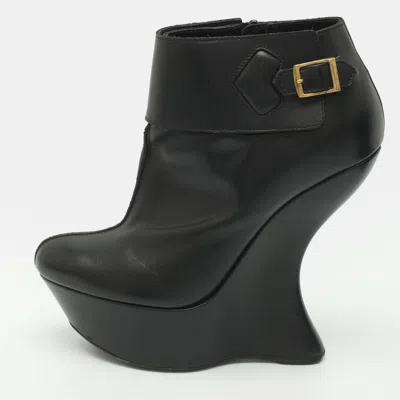 Pre-owned Alexander Mcqueen Size 36 Black Leather Wedge Ankle Length Boots