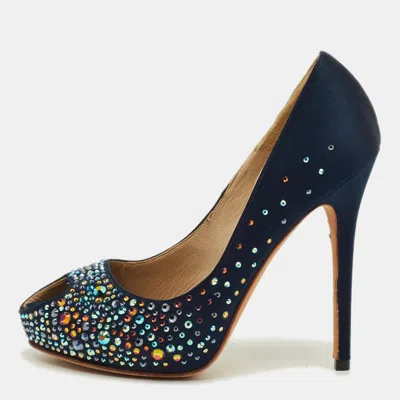 Pre-owned Alexander Mcqueen Size 36 Navy Blue Satin Crystal Embellished Peep Toe Pumps