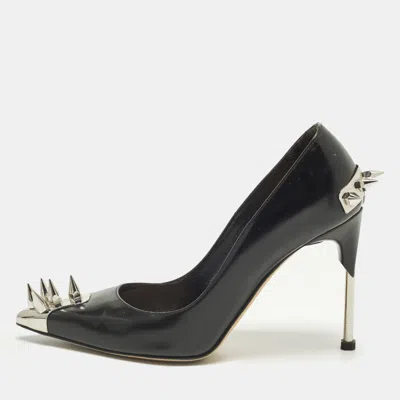 Pre-owned Alexander Mcqueen Size 36.5 Black Leather And Metal Spike Pointed Toe Pumps